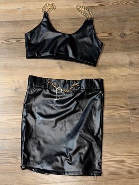 Faux Leather Black Mini Skirt with Gold Chain Detail